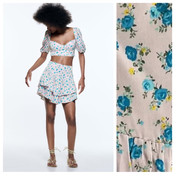 NWT. Zara Light Mauve Floral Print Satin Effect High-Waisted Mini Skirt. Size M. - Picture 1 of 10